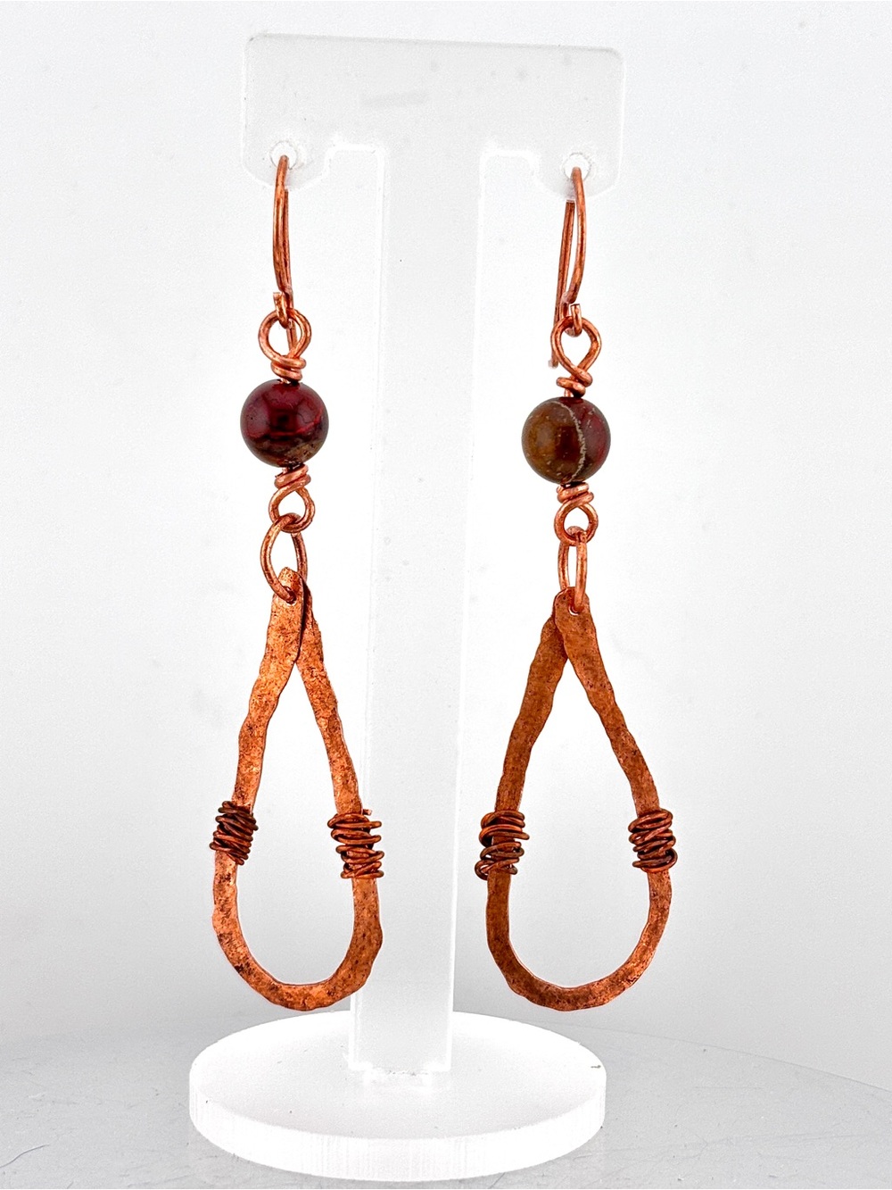 HANDMADE Dragon Blood Stone Copper Wire Wrapped Dangle Earrings, Artisan Jewelry